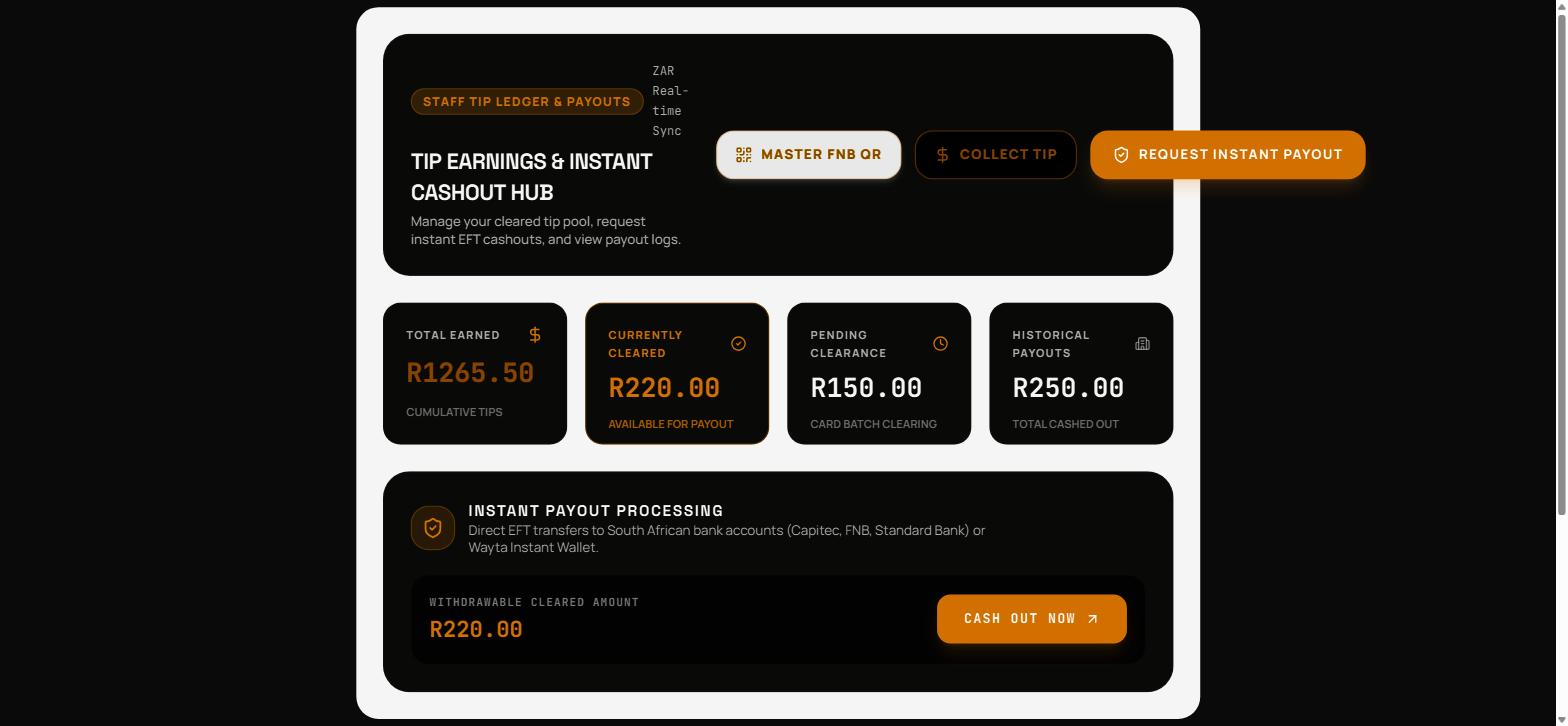 Staff terminal showing the cleared tip total and the payout request control